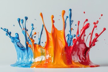 Poster - A dynamic paint splash featuring vivid blue, orange, and red colors exploding upwards with scattered droplets, set against a clean white background for a striking, abstract composition.