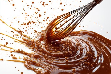 Poster - A delectable splash of caramel with a whisk, creating swirling patterns and delicious textures, isolated on a white background in a culinary studio setting.