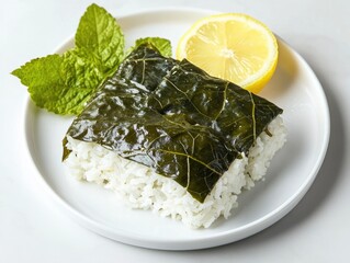 Wall Mural - Rice and Leafy Greens on White Plate