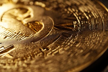 Poster - Macro shot of a golden Bitcoin coin featuring intricate designs, symbolizing digital currency and the blockchain technology revolution, representing the future of finance.