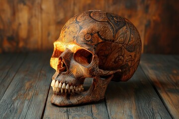Poster - Elaborately patterned skull resting on weathered wooden boards evokes a vintage and slightly sinister Halloween atmosphere with detailed tribal-inspired engravings and warm lighting.
