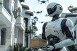 © whitestorm - Futuristic delivery service: Advanced robot carrying package with drones in flight, showcasing technological innovation and automated logistics in suburban setting.