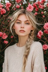 Wall Mural - A blond woman with braided hair poses gracefully in front of vibrant pink flowers, showcasing natural beauty and a harmonious connection with nature.