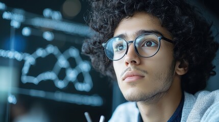 Poster - Thoughtful Young Man Analyzing Data on Digital Screen in Office