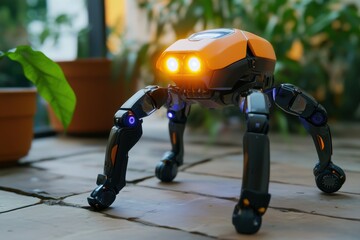 Poster - a futuristic robot with glowing eyes explores an indoor environment, blurring the lines between natu