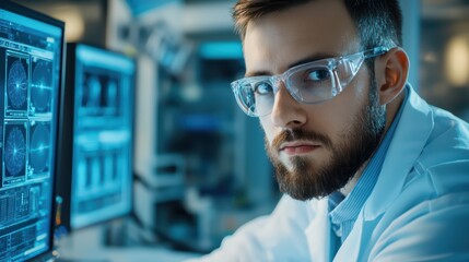 Poster - Young Scientist Analyzing Data in Modern Laboratory Environment