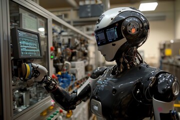 Poster - a highly detailed robot is interacting with a complex system of displays in an industrial environmen