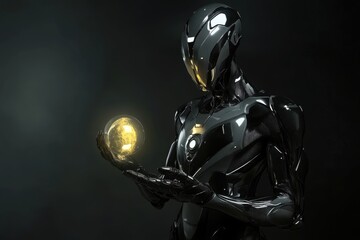 Poster - a futuristic robot holding a glowing orb of energy in its hands, standing against a dark, moody back