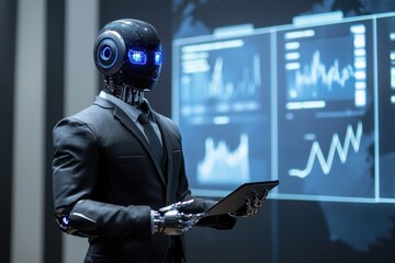 Poster - Futuristic Businessman Robot Analyzes Data on a Tablet, showing the integration of AI and robotics in business, reflecting innovation, technology, and efficiency.