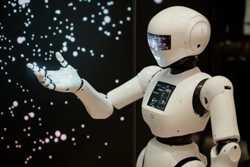 Poster - an advanced humanoid robot with a sleek white design extends its hand in a futuristic display, showc
