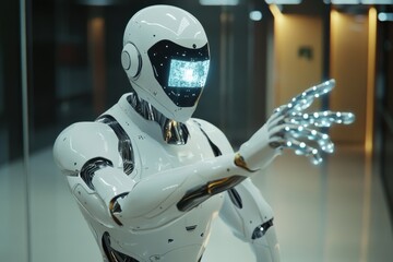 Poster - a gleaming white ai robot extends a glowing hand, embodying futuristic technology and innovation, wi