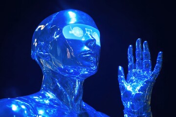 Poster - a humanoid robot showcasing a holographic interface from its hand, futuristic design and minimalisti