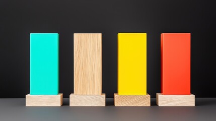Poster - Colorful blocks with wooden bases arranged in a row against a dark background, showcasing a modern design aesthetic.