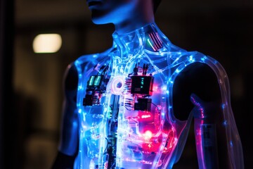 Poster - futuristic robot torso with complex internal circuitry and glowing neon lights, showcasing advanced 