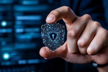 Aufkleber - Abstract concepts of cybersecurity technology and digital data protection Protect internet network connection with polygons, dots and lines with dark blue background, center focus, side blur