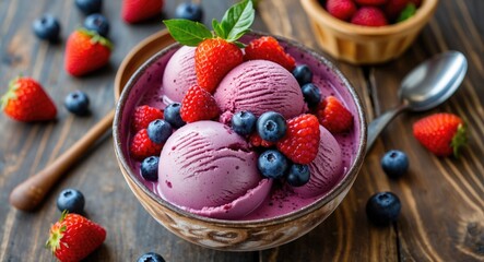 Wall Mural - bowl of berry flavored ice cream scoops topped with strawberries and blueberries on wooden table