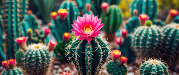 Wall Mural - Colorful blooming cactus flowers surrounded by various green cacti in a desert garden setting.