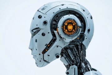 Poster - A sleek white futuristic robot head with glowing orange eye and visible mechanical details, embodying advanced technology and artificial intelligence development.