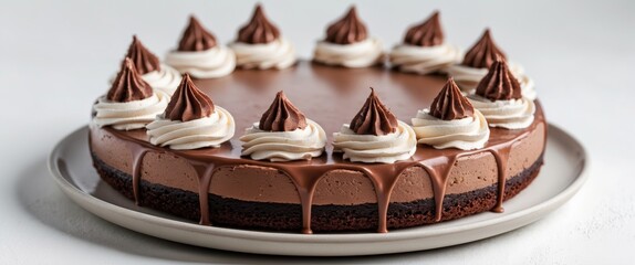 Wall Mural - Chocolate mousse cake with whipped cream topping and decorative chocolate peaks on a gray plate against a light background