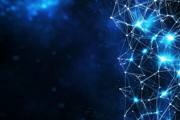 Aufkleber - Abstract dark blue digital background with sparkling blue light particles and areas with deep depths Particles form into lines, surfaces and grids
