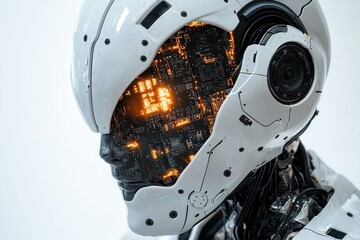 Poster - futuristic ai robot head with visible glowing circuits, showcasing advanced technology, artificial i