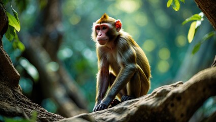 Canvas Print - Rhesus macaque sitting on a tree branch in a dense forest with soft sunlight filtering through the foliage