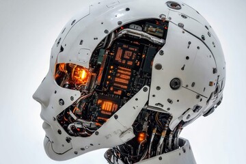 Poster - An advanced AI robot's head, showcasing intricate internal electronics and a glowing eye, symbolizing future technology and complex engineering marvels, creating a sense of awe.