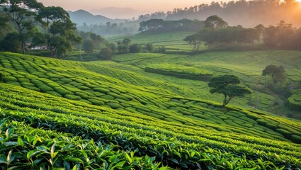 Wall Mural - Lush green tea plantation landscape with rolling hills and a solitary tree at sunrise in a mountainous region