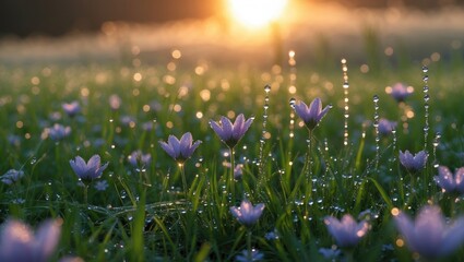 Wall Mural - Vibrant field of purple flowers with morning dew illuminated by soft sunlight in a natural setting during sunrise