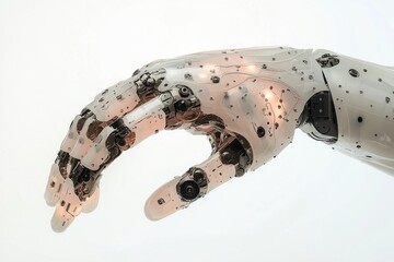 Poster - close-up of a futuristic robotic arm with a transparent design, revealing intricate mechanical detai