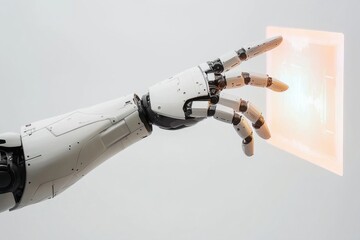 Poster - a futuristic robot hand touching a digital screen, highlighting artificial intelligence, human-machi