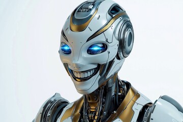 Poster - detailed portrait of a humanoid robot with white and gold plating, featuring a sinister smile and pi