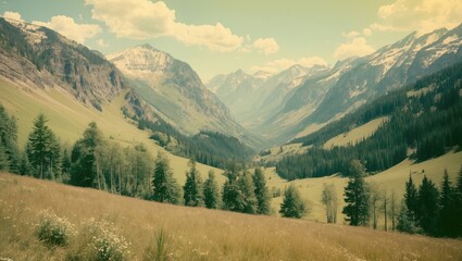 Wall Mural - Mountain valley landscape with lush greenery and snow-capped peaks under a cloudy sky in the background in a vintage color tone.