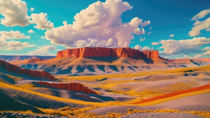 Poster - Vibrant desert landscape with colorful rock formations and dramatic clouds under a blue sky in a scenic outdoor setting