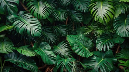 Wall Mural - Tropical green monstera leaves background texture pattern for natural themed design and decoration projects