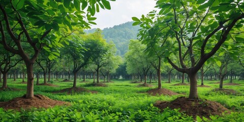 Wall Mural - Lush green orchard with evenly spaced trees and vibrant undergrowth in a serene natural landscape during daylight.