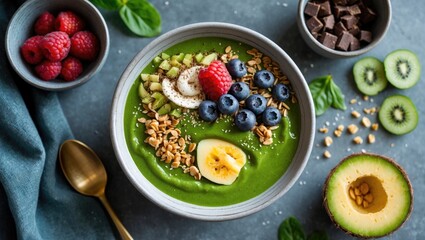 Poster - Green smoothie bowl topped with banana, blueberries, kiwi, raspberries, granola, and chocolate chunks served with fresh fruit and a spoon.