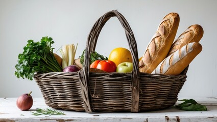 Sticker - Fresh vegetables and fruits with baguettes in a rustic woven basket on a wooden table with white background