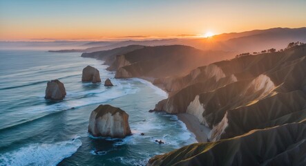 Sticker - Sunset over rugged coastal landscape with cliffs and rock formations overlooking the ocean waves and distant mountains.