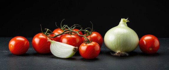 Poster - Red tomatoes and a green onion arranged on a dark surface with a black background in a studio setting.