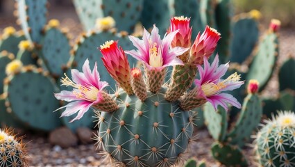 Wall Mural - Cactus plant with vibrant pink and white flowers growing in a desert garden surrounded by other cacti species and natural landscape