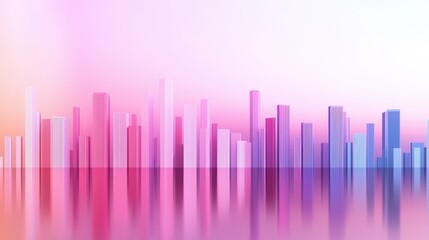 Poster - A vibrant city skyline with colorful reflective surfaces, blending shades of pink and blue, creating a dreamy and modern atmosphere.