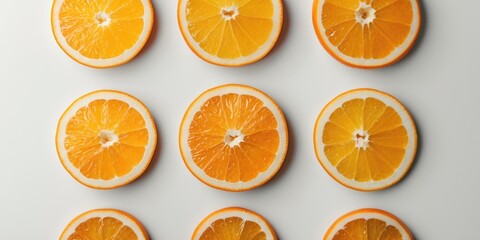 Poster - Slices of fresh oranges arranged in a grid pattern on a white surface with bright colors and textures visible