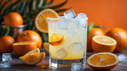 Wall Mural - Orange cocktail with ice in glass garnished with orange slice and surrounded by fresh oranges on wooden table against orange background