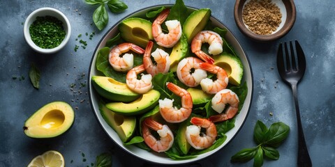 Canvas Print - Shrimp salad with avocado slices served on a plate with fresh basil and condiments on a textured blue background