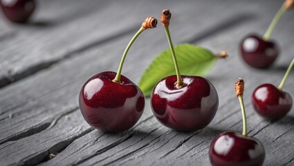 Poster - Fresh ripe cherries with stems and green leaf arranged on rustic wooden background. High-quality fruit photography with detailed textures.