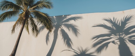 Wall Mural - Palm trees casting shadows on a white wall under a clear blue sky in a tropical setting.