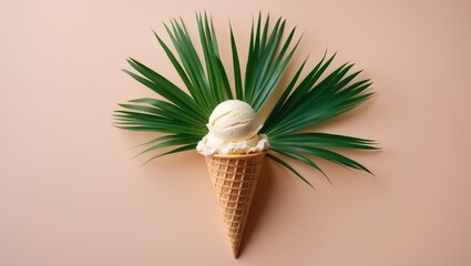 Wall Mural - Ice cream cone with vanilla scoop surrounded by green palm leaves on pastel background