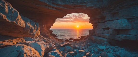 Wall Mural - Rocky cave entrance framing a sunset over the ocean with dramatic clouds and a rocky shoreline in the foreground.