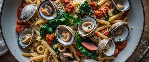 Wall Mural - Pasta with clams and spinach in a white bowl garnished with parsley and grated cheese on a wooden surface